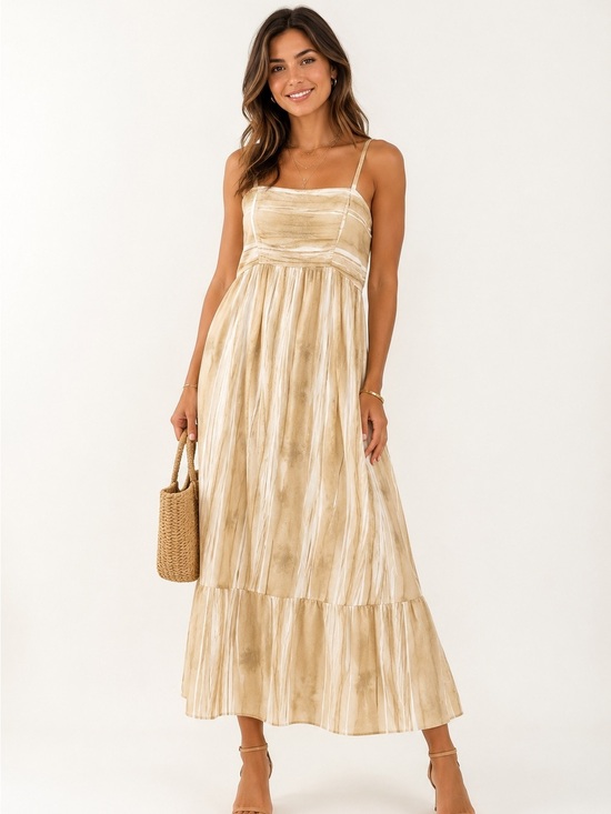 CeCe Dresses & Skirts - CeCe Boho Tie Dye Maxi Cotton Dress Beige Neutral Strappy Tiered Sundress MEDIUM